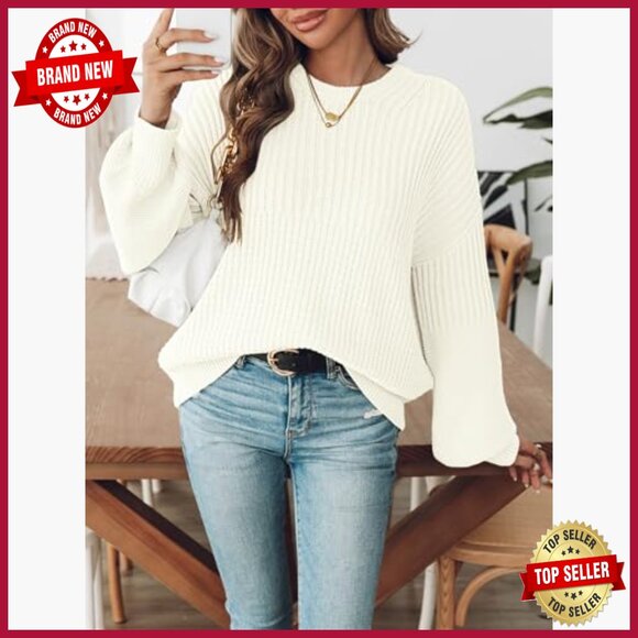 Oversized Batwing Sleeve Sweater Ribbed Waffle Knit Pullover Crewneck - Picture 2 of 7